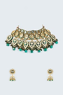Gold Finish Kundan Polki Enameled Choker Necklace Set