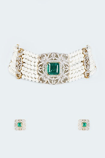 Two Tone Finish Pearl & Emerald Choker Necklace Set