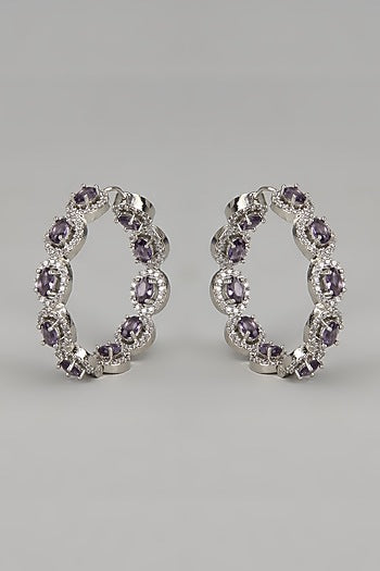 White Finish Zircon & Purple Stone Hoop Earrings