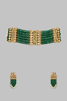 Gold Finish Green & White Beaded Choker Necklace Set