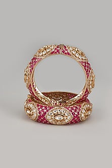 Gold Finish Kundan Polki Red Enameled Bangles (Set of 2)