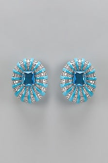 White Finish Zircon & Blue Stone Stud Earrings