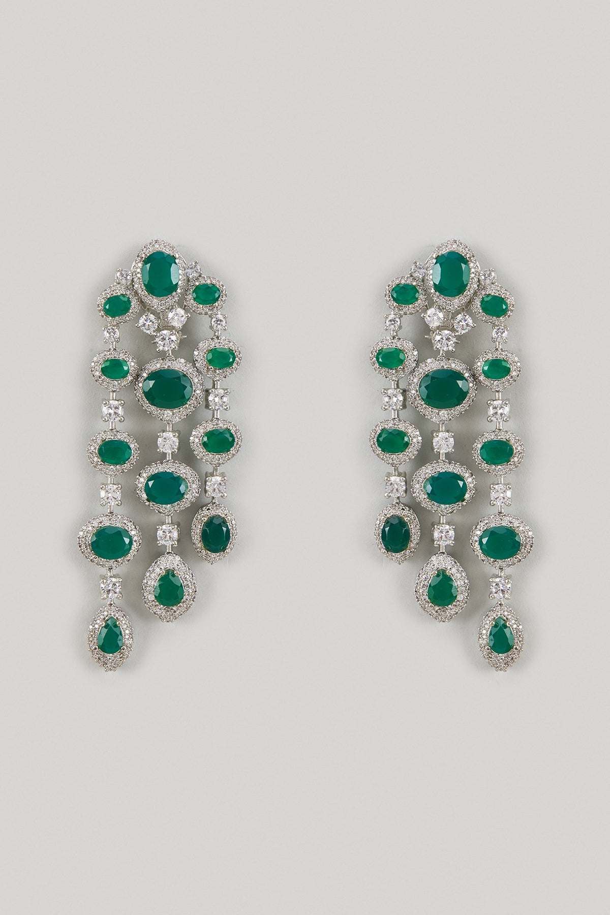 White Finish Zircon & Green Stone Dangler Earrings
