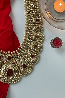 Gold Finish Kundan Polki & Red Stone Long Necklace