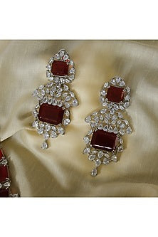 White Finish Zircon & Red Stone Long Necklace Set