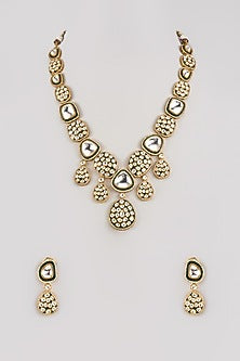 Gold Finish Kundan Polki Green Enameled Long Necklace Set