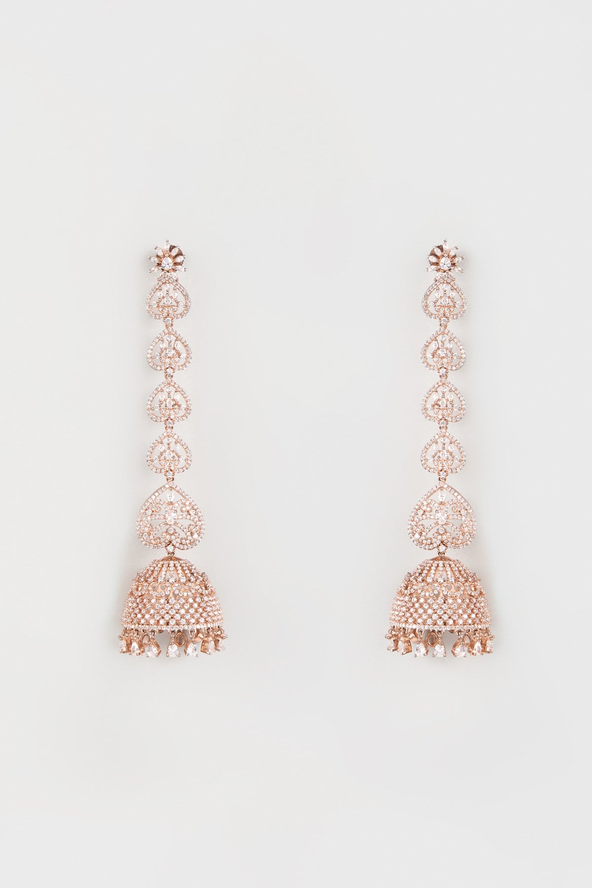 Rose Gold Finish Zircon Long Jhumka Earrings