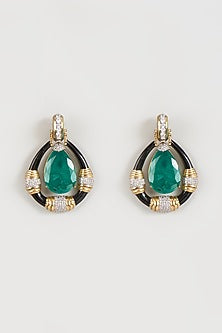 Gold Finish Zircon & Green Stone Enameled Dangler Earrings