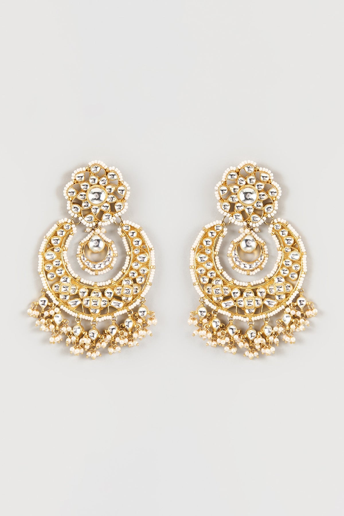 Gold Finish Kundan Polki & Pearl Chandbali Earrings