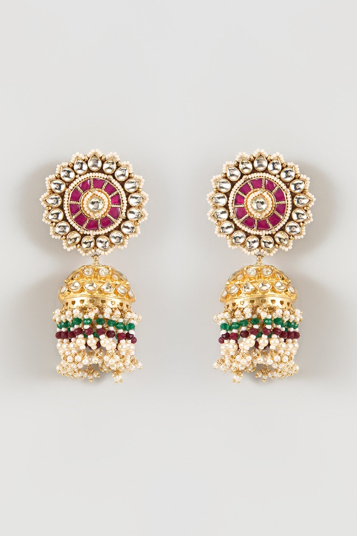 Gold Finish Kundan Polki & Beaded Jhumka Earrings