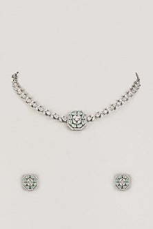 White Finish Zircon & Patel Blue Stone Necklace Set