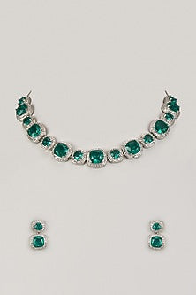 White Finish Zircon & Green Stone Necklace Set