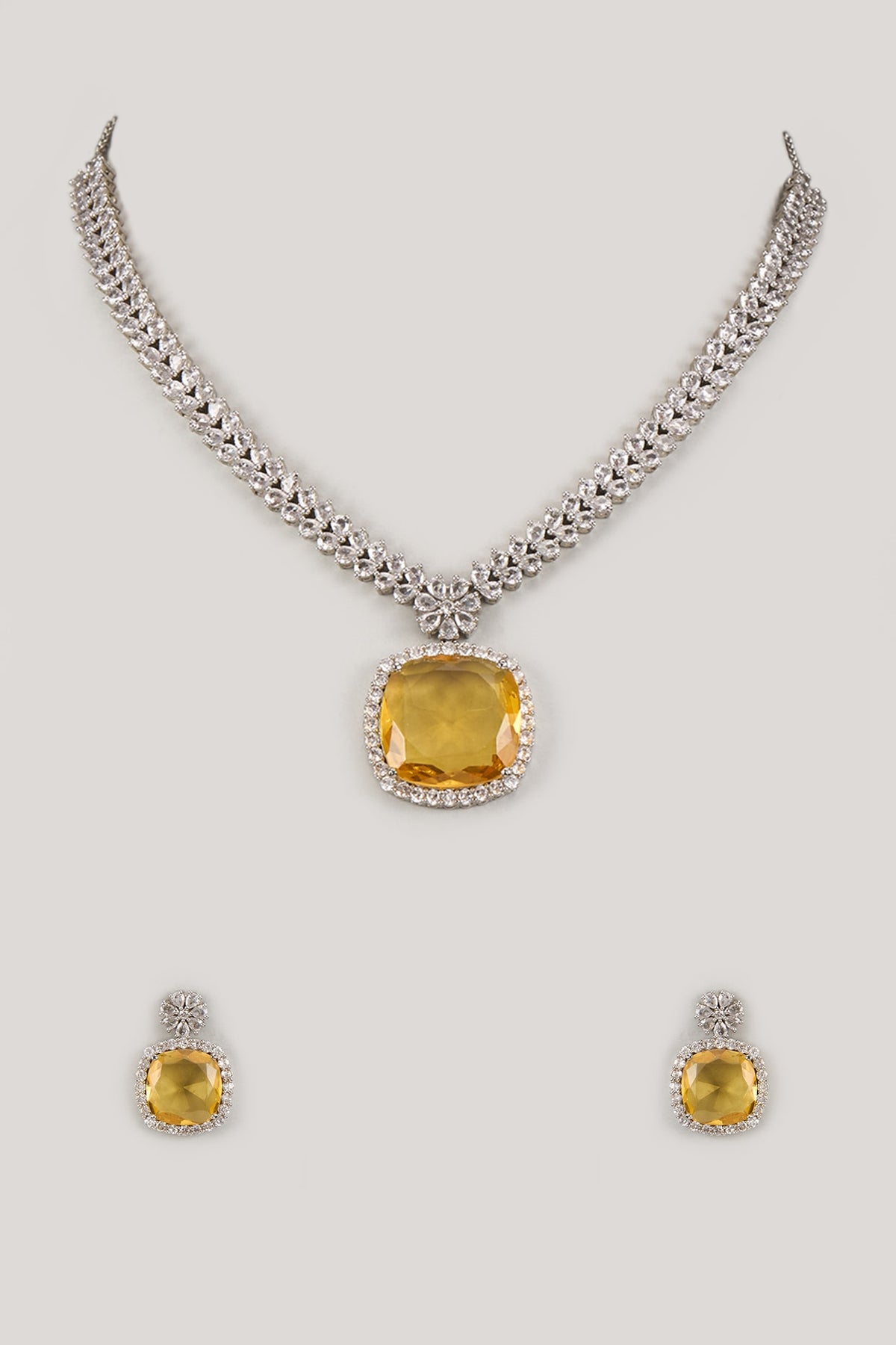 White Finish Yellow Cushion Stone & Zircon Necklace Set