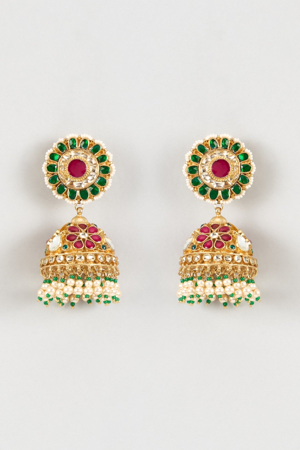 Gold Finish Kundan Polki & Multi-Colored Stone Jhumka Earrings
