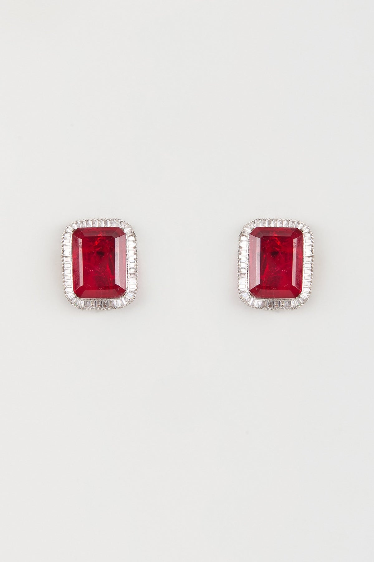 White Finish Red Zircon Stud Earrings