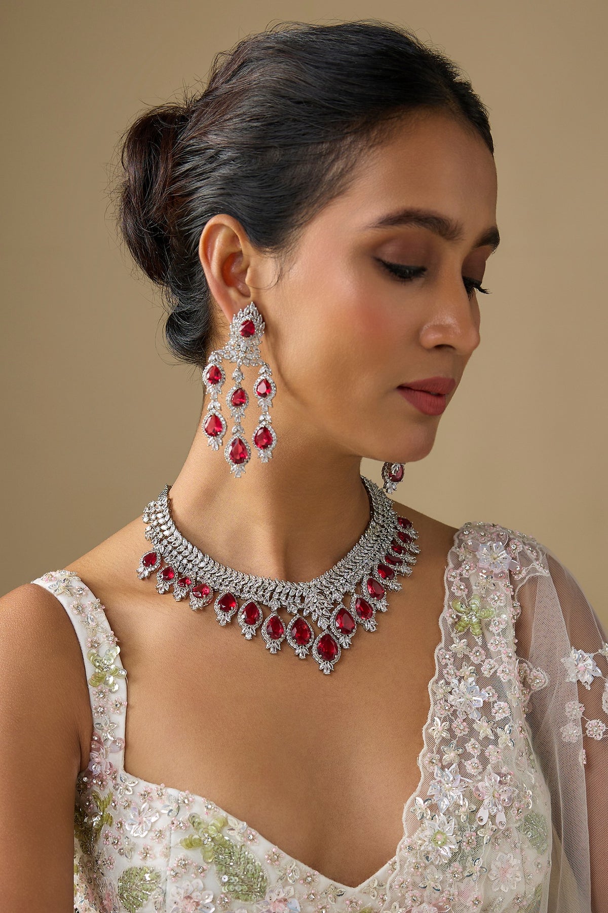 White Finish Zircon & Red Stone Necklace Set