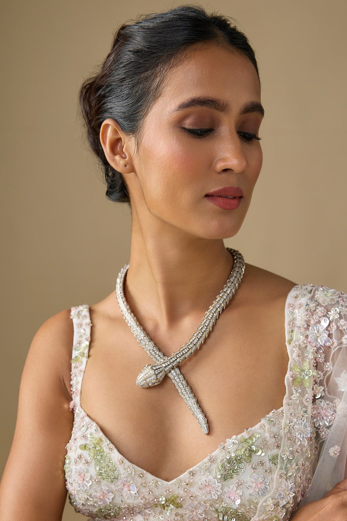 White Finish Zircon Snake Choker Necklace