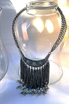 Black Rhodium Finish Oxidized Pearl & Tassel Long Necklace