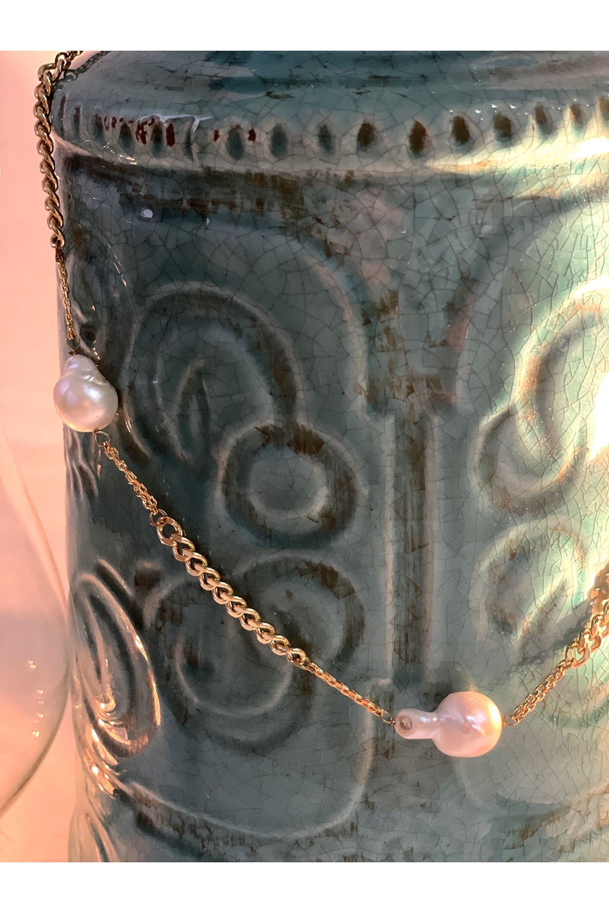 Gold Finish Pearl Long Chain Necklace