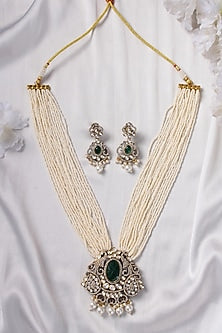 Gold Finish Pearl & Kundan Polki Long Necklace Set