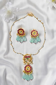Gold Finish Stone Drop & Kundan Polki Long Necklace Set