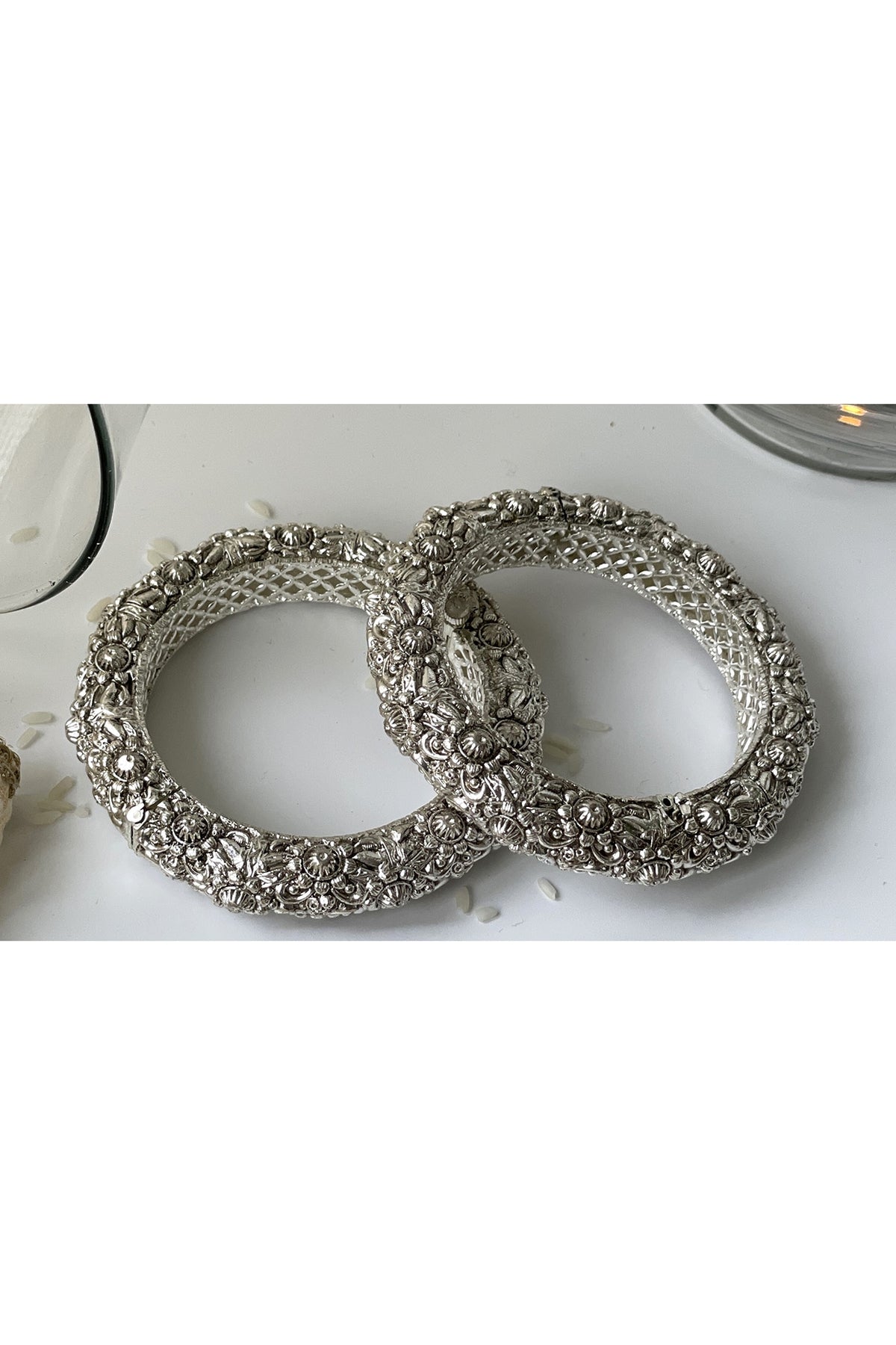 White Finish Oxidized Openable Bangles (Set of 2)