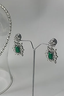 White Finish Zircon & Green Stone Long Necklace Set