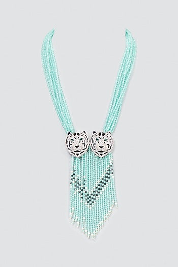 Blue Long Tiger Pendant Beaded Necklace