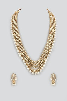 White Finish Uncut Kundan Polki & Pearl Layered Long Necklace Set