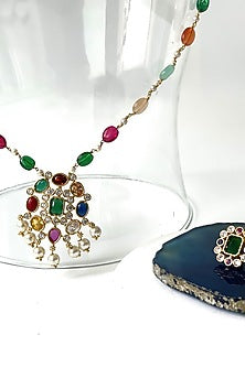Gold Finish Kundan Polki & Navratna Stone Long Necklace Set
