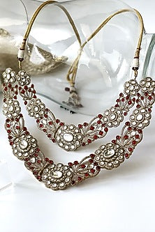 Gold Finish Kundan Polki & Red Stone Long Necklace Set