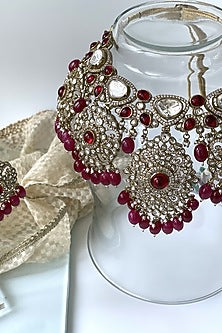 Antique Gold Finish Kundan Polki & Red Beaded Choker Necklace Set