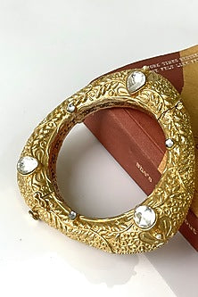 Gold Finish Kundan Polki & Synthetic Stone Carved Bangle
