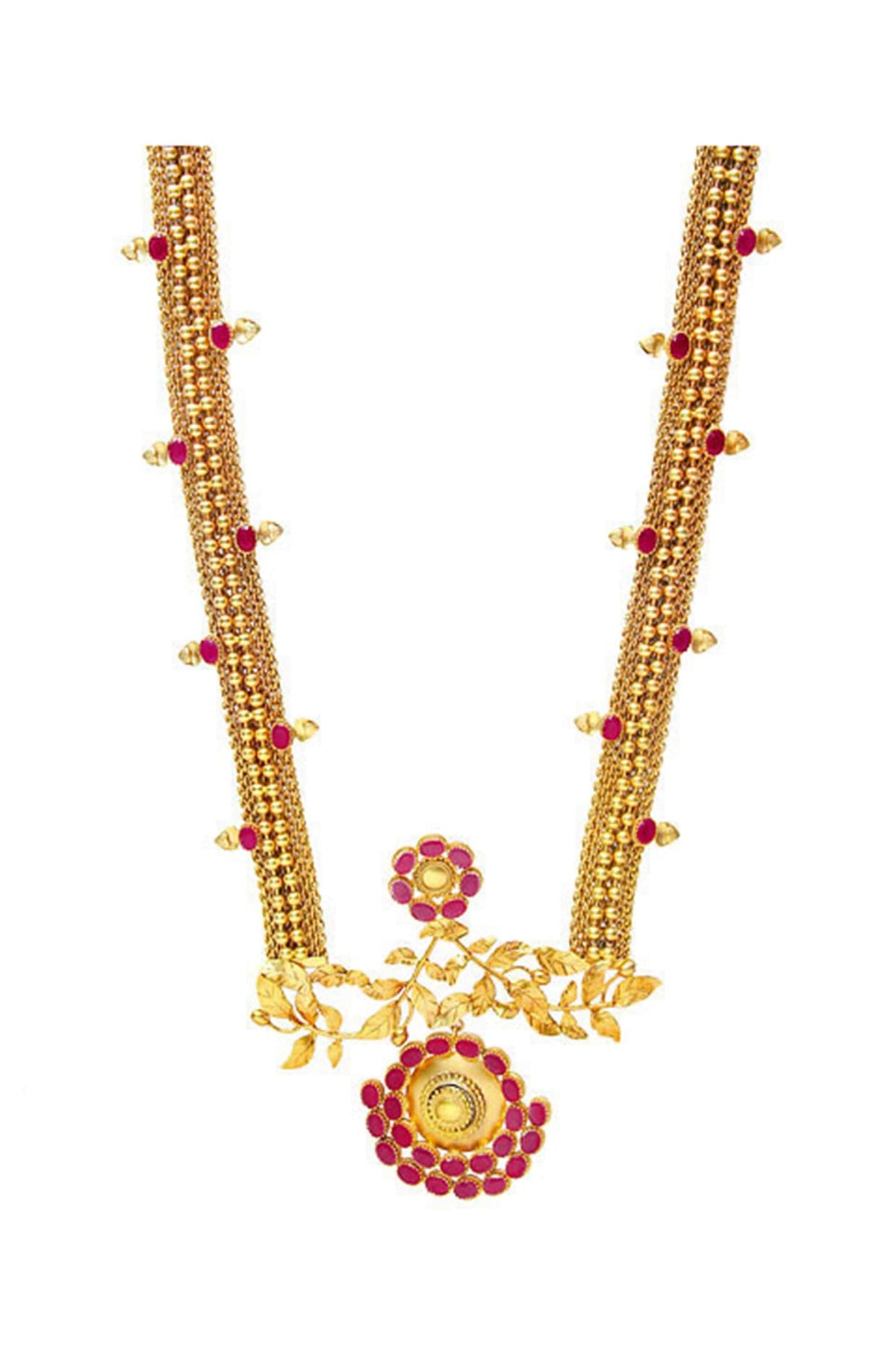 Gold Finish Pink Crystal Mesh Long Necklace