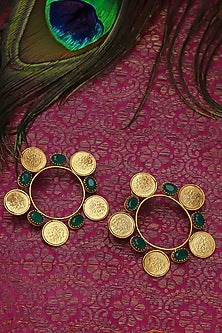 Gold Plated Green Crystal & Coin Temple Hoop Earrings