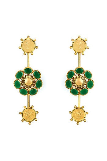 Gold Plated Green Crystal Floral Temple Dangler Earrings