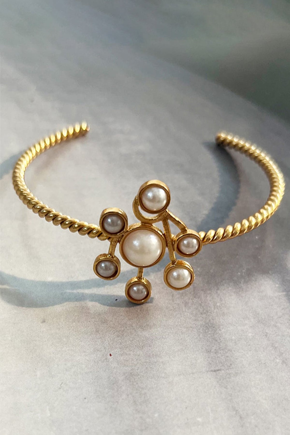 Gold Plated Pearl Cluster Cuff Bangle