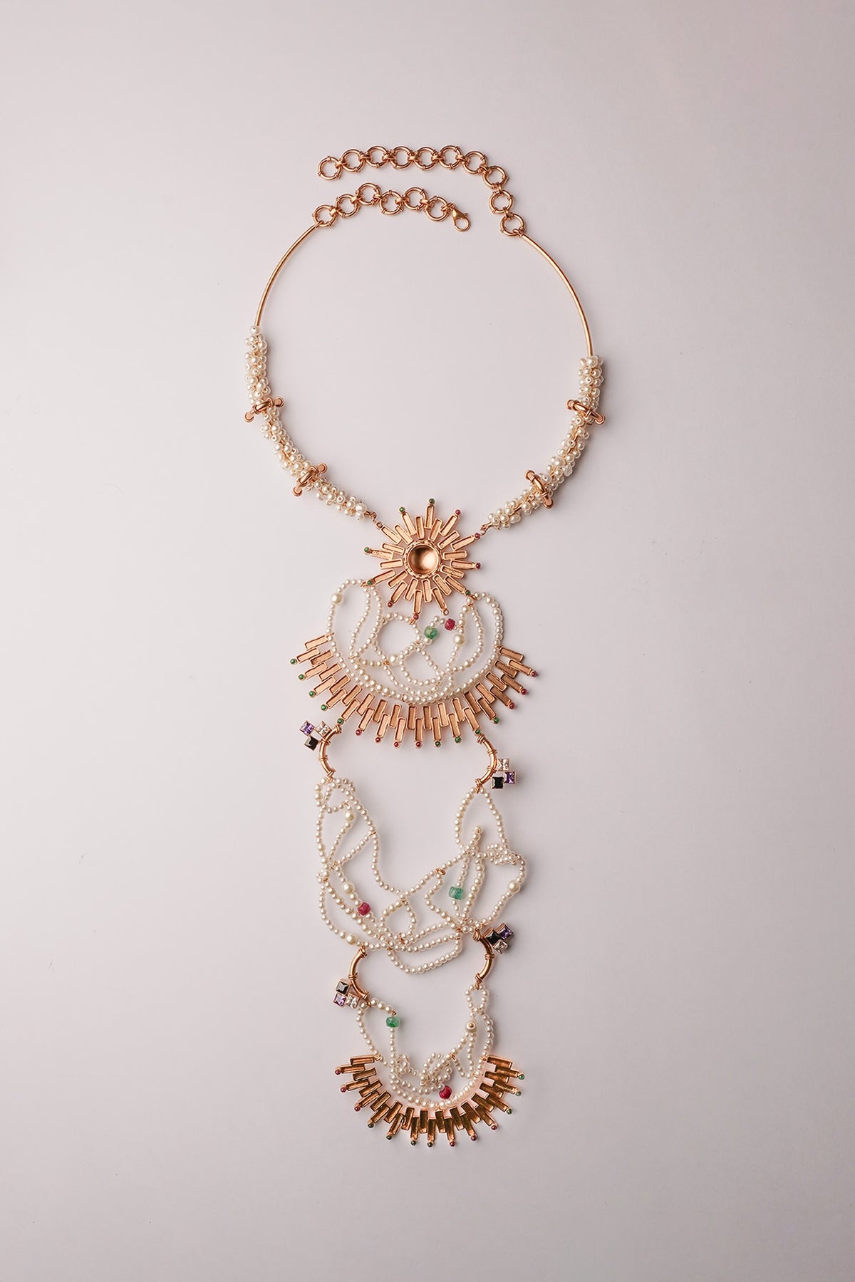 Gold Plated Emerald & Ruby Sunburst Pendant Necklace
