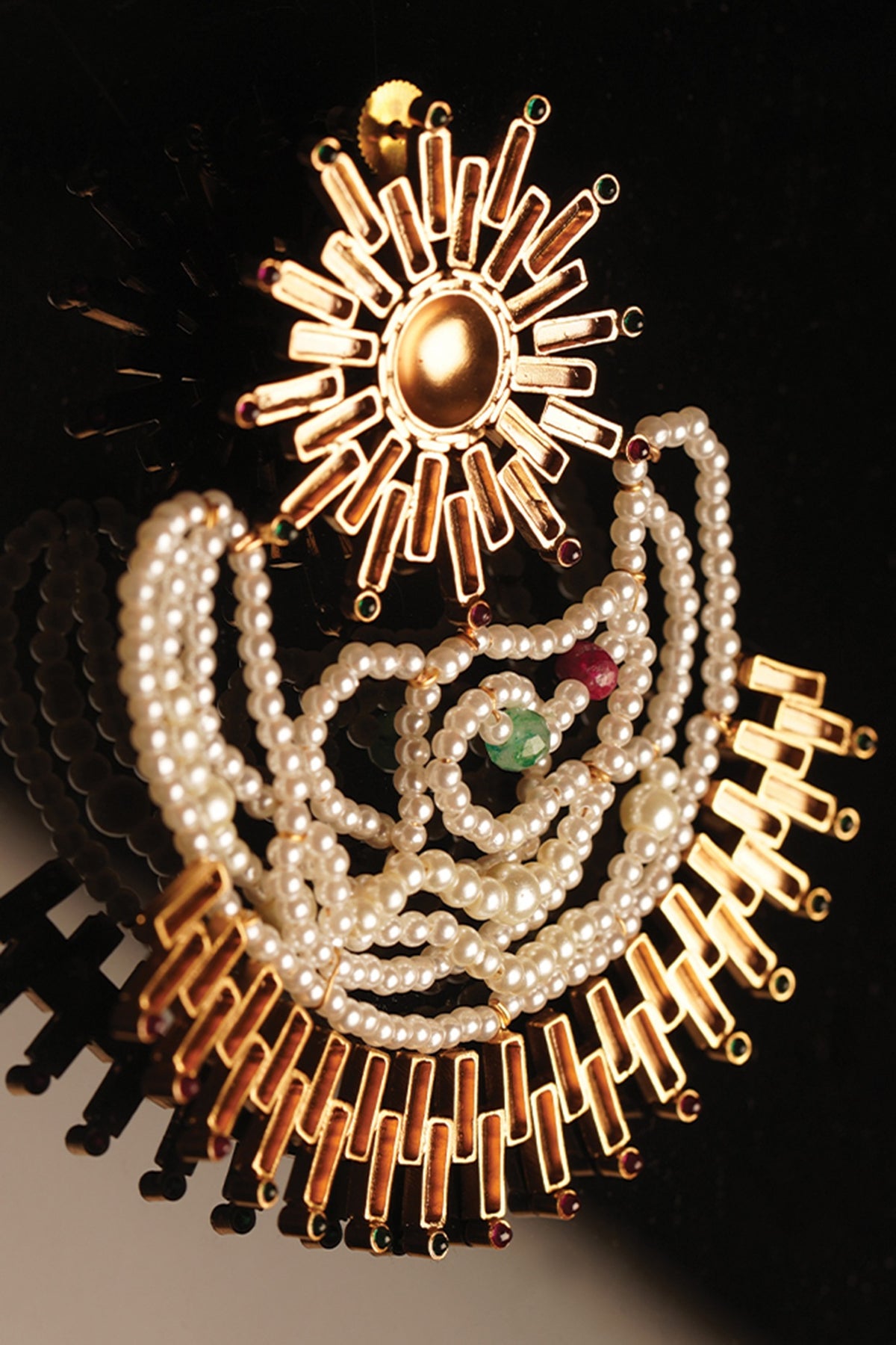 Gold Plated Ruby & Emerald Sun Beam Dangler Earrings