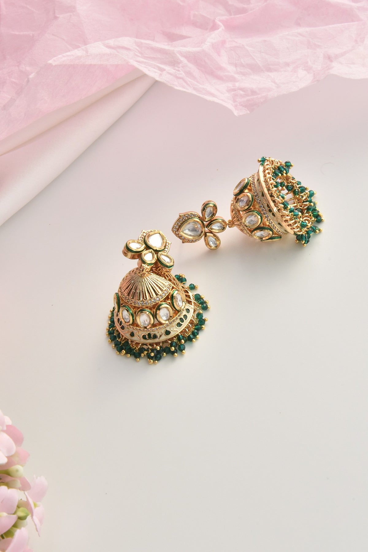 Gold Finish Green Kundan Polki Jhumka Earrings