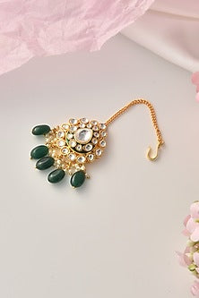 Gold Finish Green Kundan Polki Maang Tikka