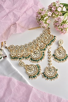 Gold Finish Green Moissanite Polki Choker Necklace Set
