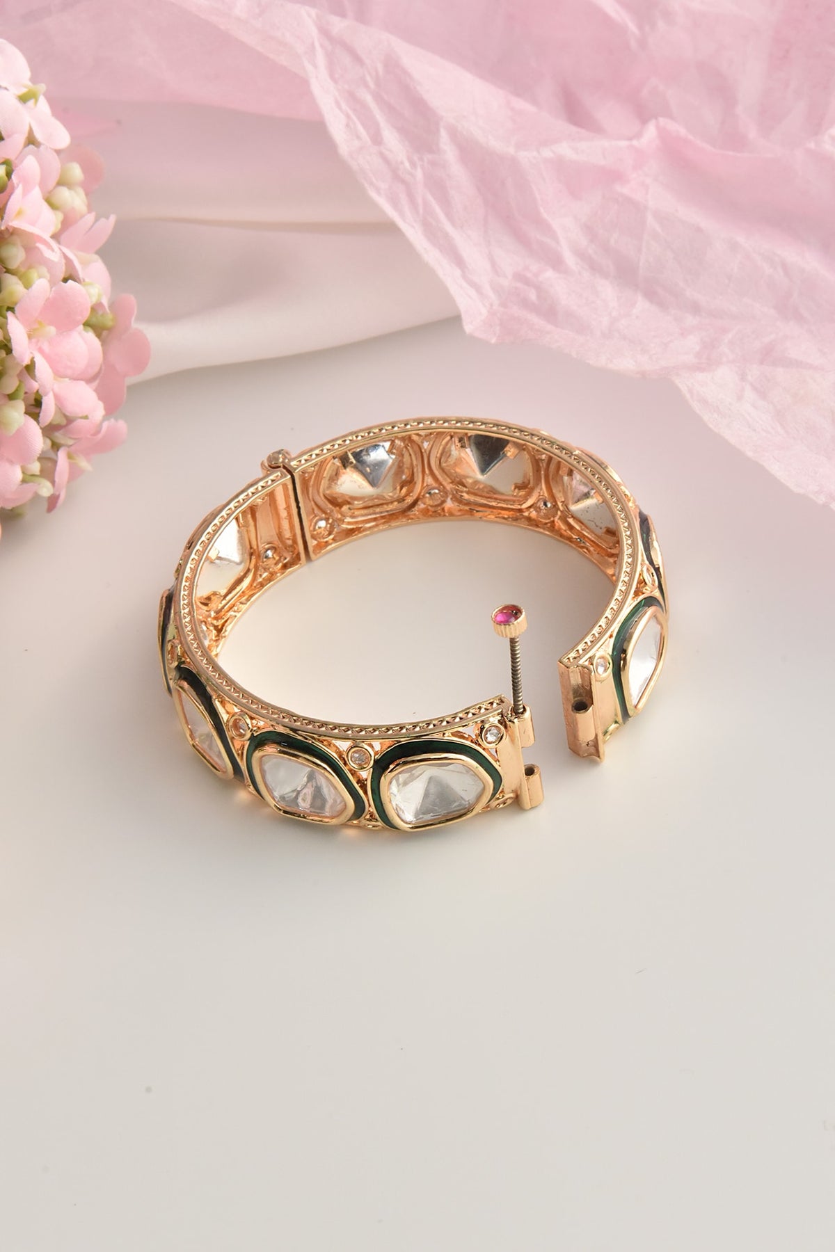 Rose Gold Finish Green Kundan Polki Kada