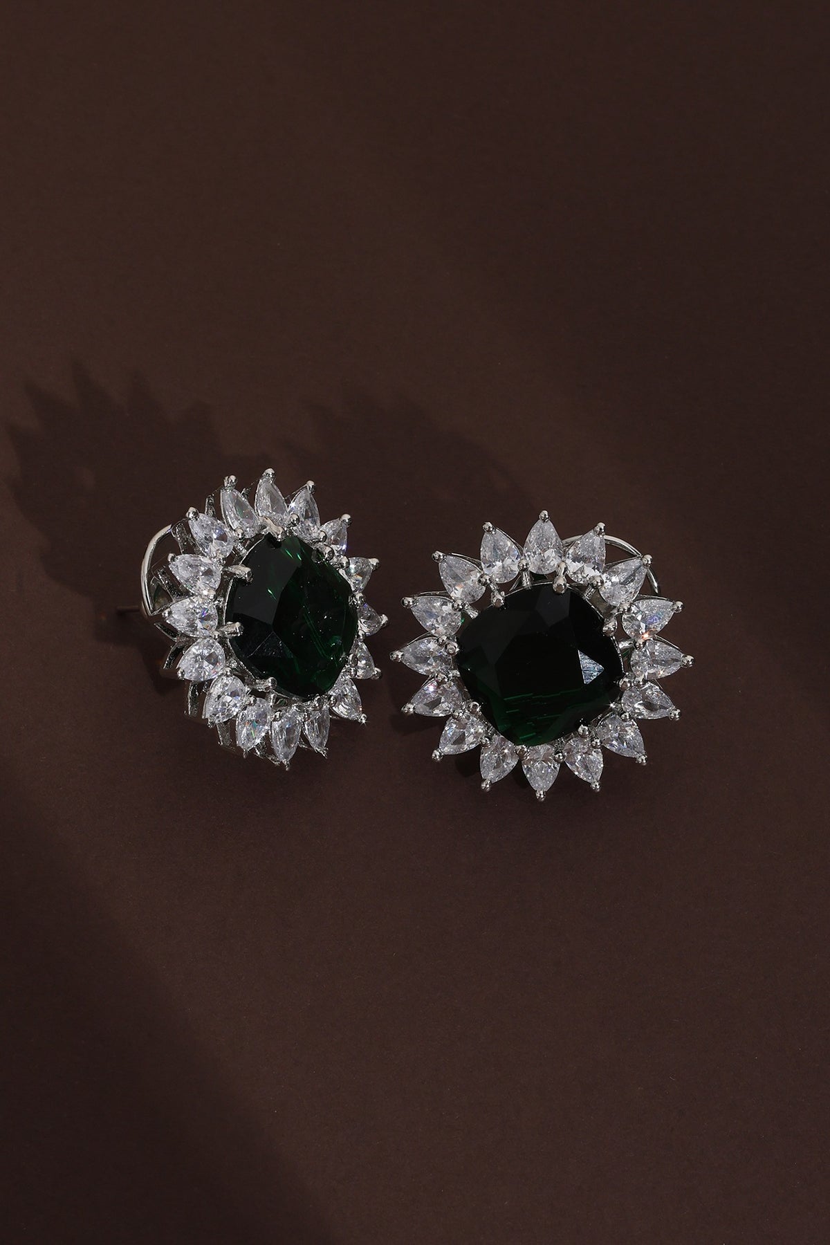 White Finish Zircon & Emerald Green Stone Handcrafted Stud Earrings