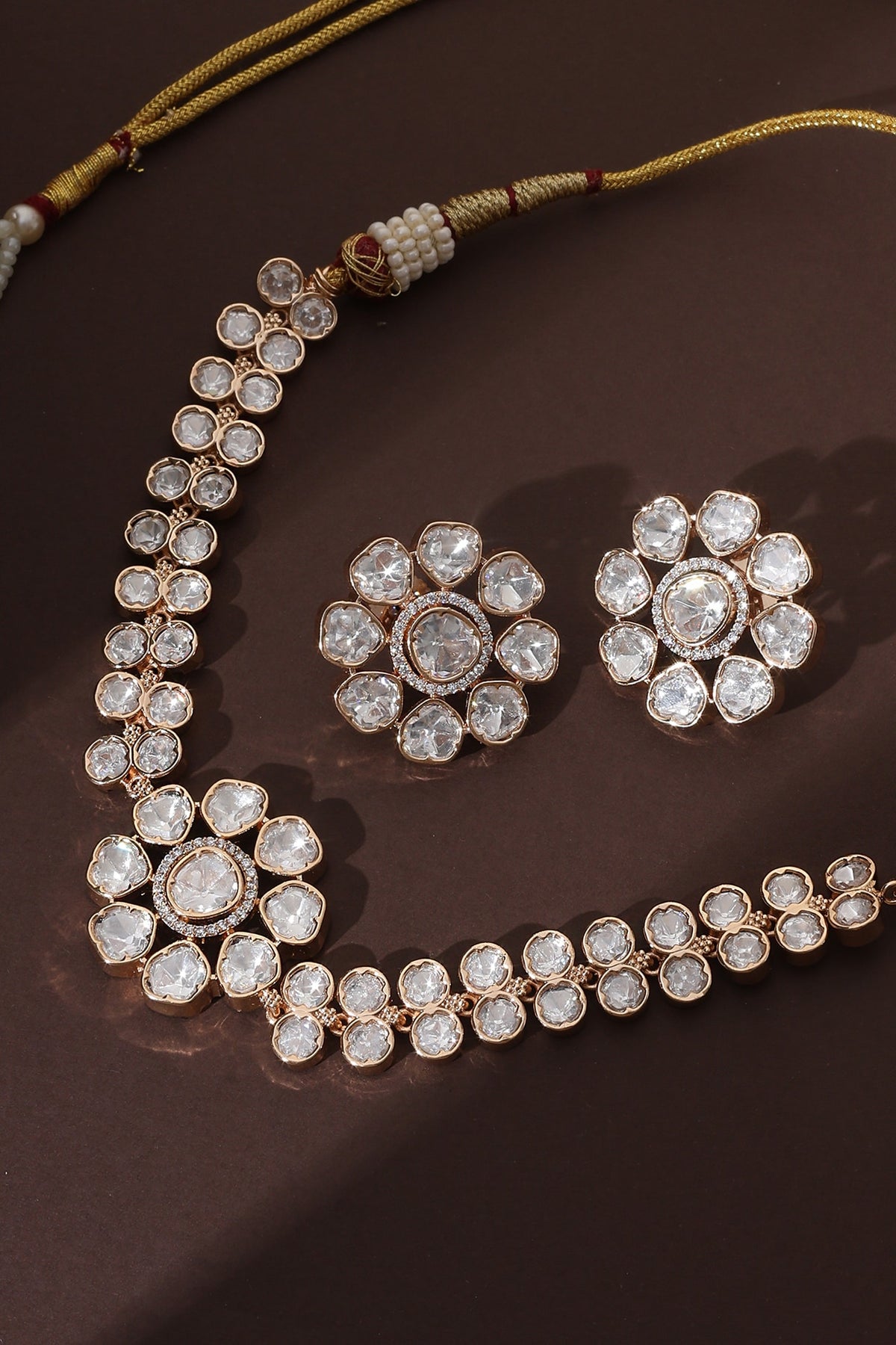 Rose Gold Finish Kundan Polki Choker Necklace Set