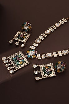 Rose Gold Finish Multi-Colored Kundan Polki Long Pendant Necklace Set