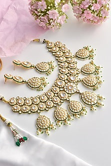 Gold Finish Moissanite Polki & Pearl Long Necklace Set