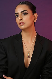 Gold Finish Red Kundan Polki & Pearl Handcrafted Long Necklace