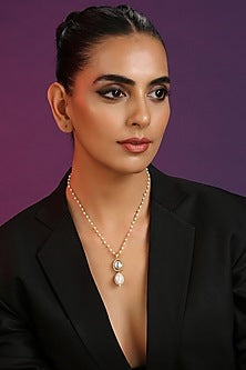 Gold Finish White Kundan Polki & Pearl Handcrafted Long Necklace
