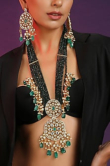 Gold Finish Green Kundan Polki Long Necklace Set